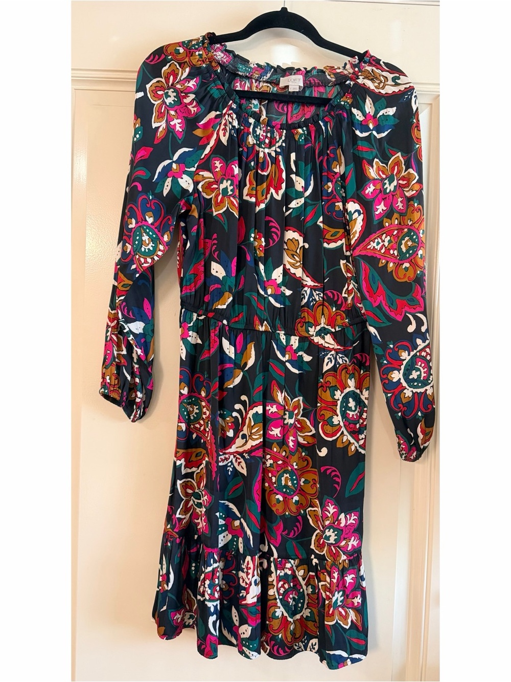 LOFT Floral Midi Dress in Teal, Pink & Mustard